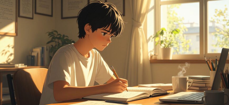Подросток пишет рассказ за столом в тёплой комнате, аниме стиль