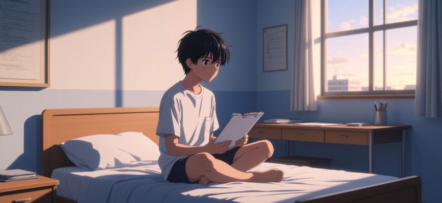 Подросток с папкой документов сидит в тихой комнате детского дома, аниме-стиль