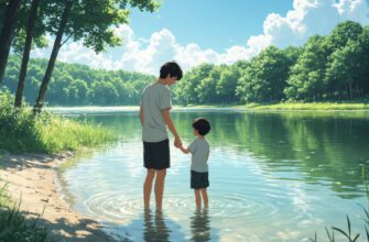 Два подростка у берега лесного озера, старший поддерживает младшего в воде