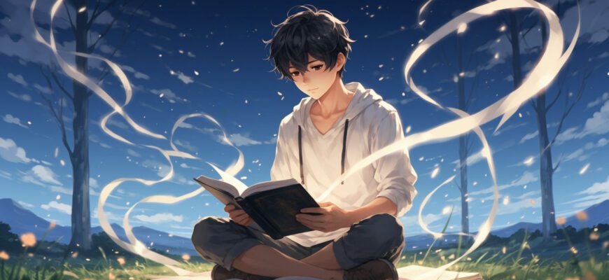 Мальчик сидит в поле с тетрадью, страницы повести разлетаются на ветру
