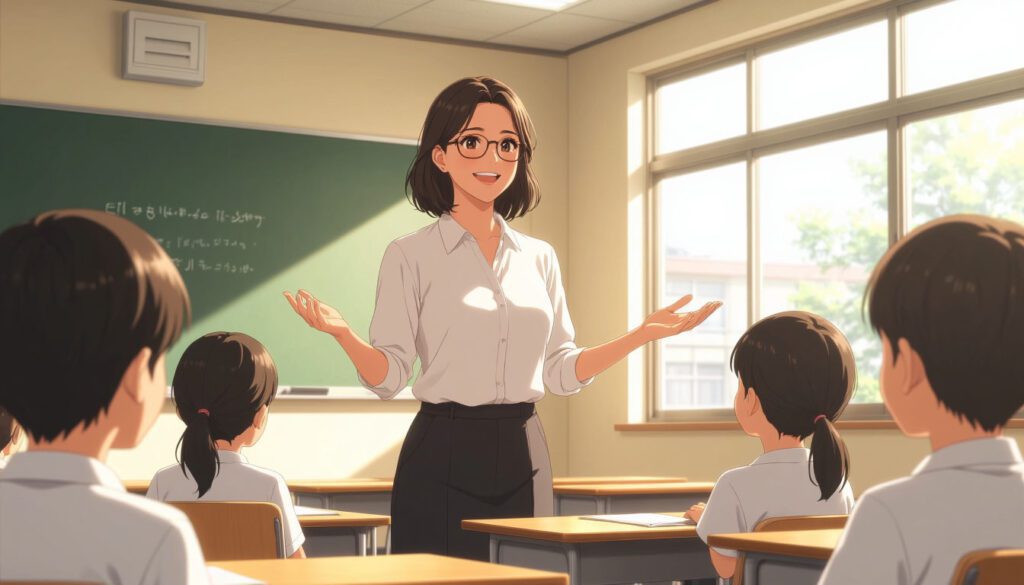 добрая учительница улыбается детям в светлом классе