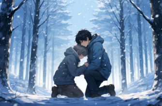 Два подростка в зимнем лесу: один успокаивает другого во время панической реакции.