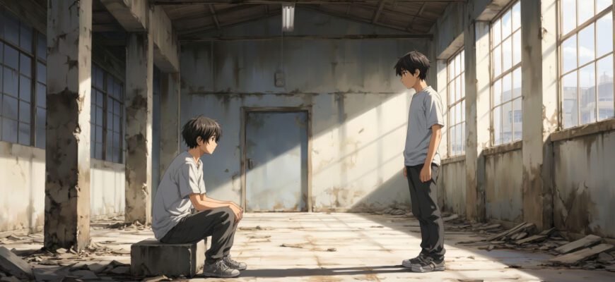 Аниме-иллюстрация встречи Алёши и Артёма в заброшенной пристройке — сцена знакомства персонажа «Ветра в глазах»