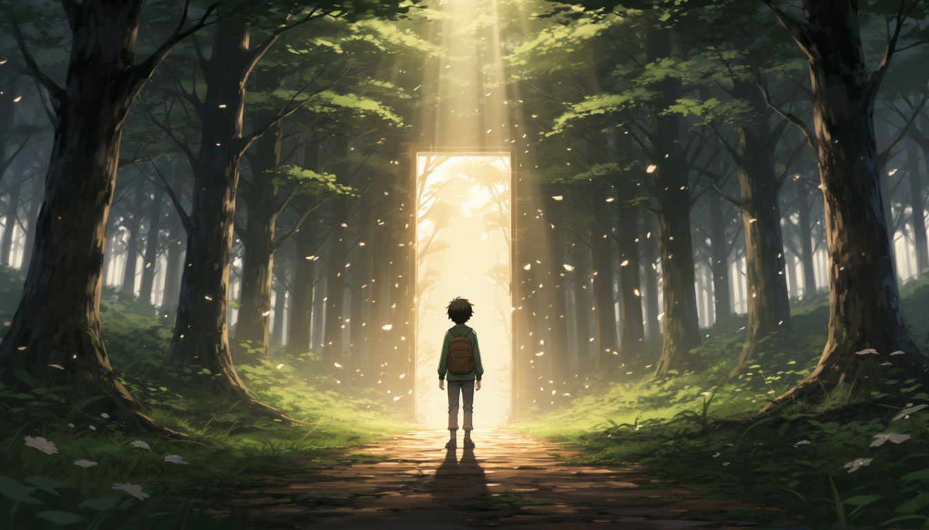 Мальчик идёт по лесной тропе к свету, символизирующему новую дверь