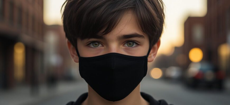 Мальчик в маске смотрит на камеру