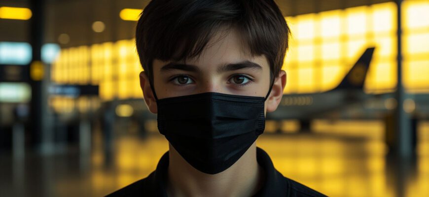 Мальчик в маске смотрит на камеру