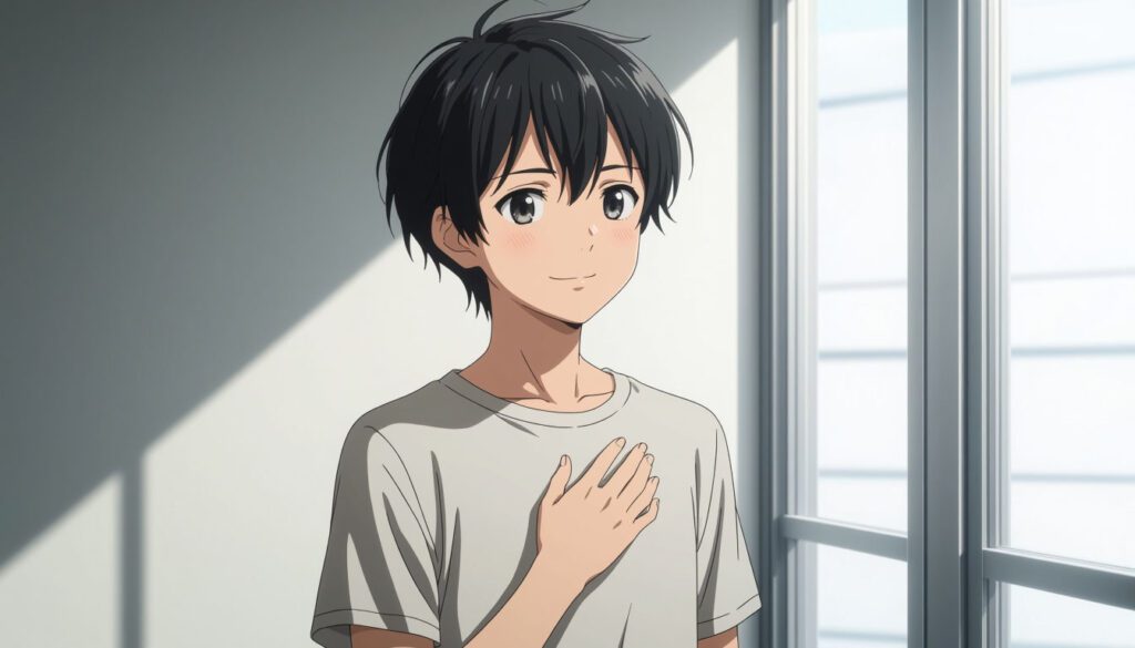 подросток с жестом благодарности, спокойный взгляд, уважение к личным границам и завершённый разговор