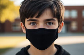 Маска Димы. Мальчик в маске смотрит на камеру