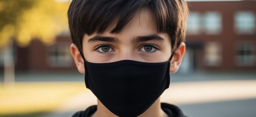 Маска Димы. Мальчик в маске смотрит на камеру