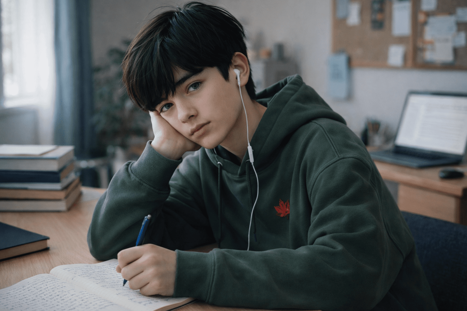 Парень с ручкой и наушником за партой
