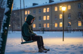 Мальчик на качелях во дворе детского дома зимним вечером