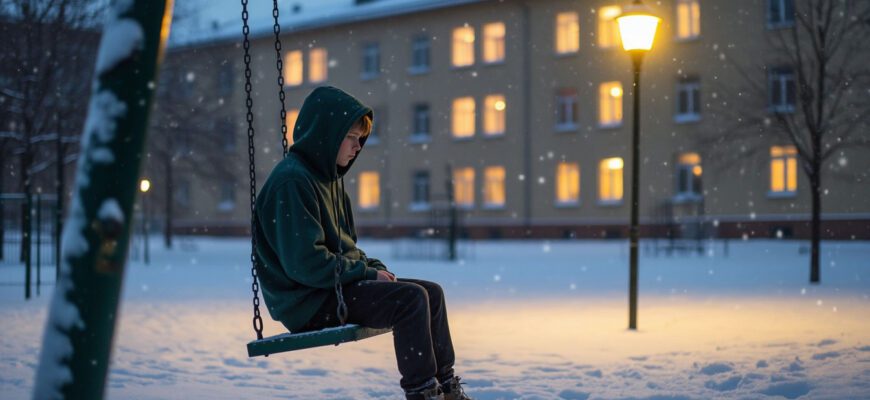 Мальчик на качелях во дворе детского дома зимним вечером