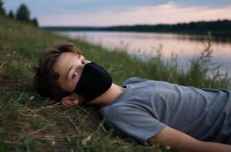 Мальчик в маске смотрит на камеру