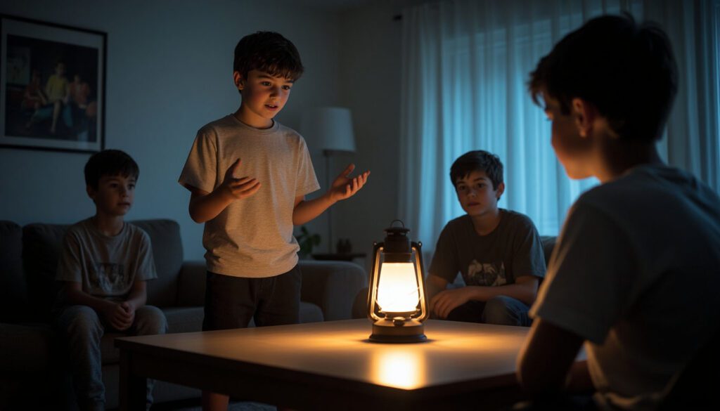 Мальчик у стола рассказывает историю