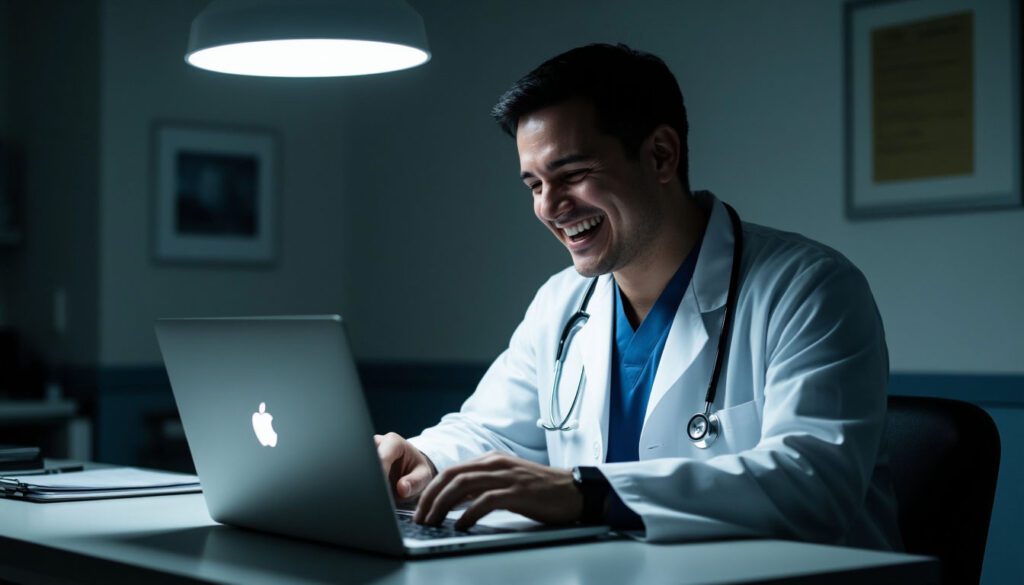 Врач смеётся у ноутбука