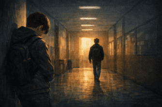 Не оглянулся 4 Подросток стоит у стены в школьном коридоре, пока другой уходит, не оглядываясь