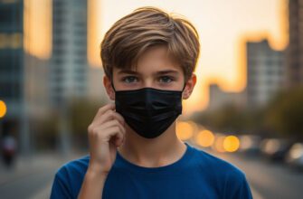 Мальчик в маске смотрит на камеру