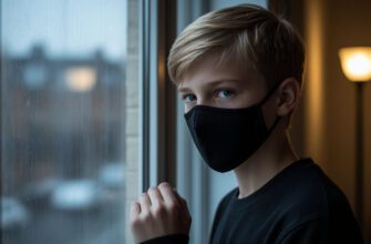 Мальчик держится за маску