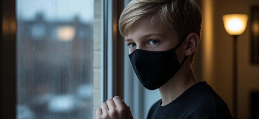 Мальчик держится за маску