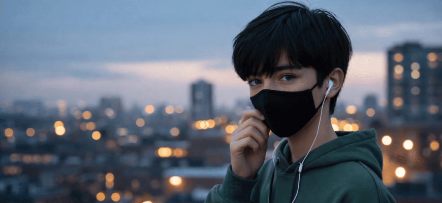 Мальчик в маске смотрит на камеру