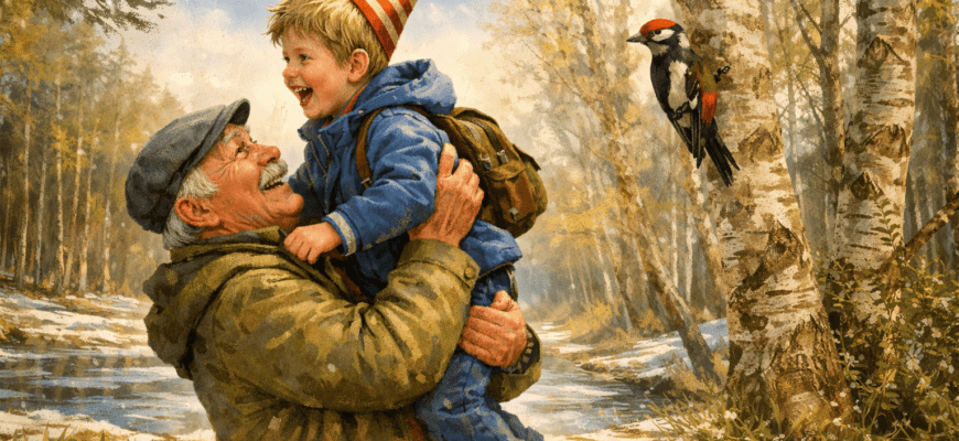 Дедушка держит на руках внука в зимнем лесу — тихий момент заботы и близости