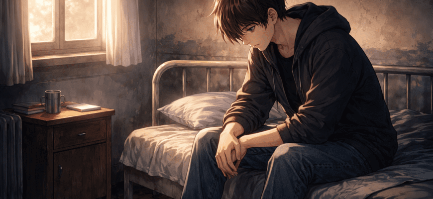 подросток в реанимации в темной палате с медицинскими приборами