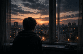 Подросток в тёмной комнате смотрит в окно на вечерний город, силуэт на фоне заката