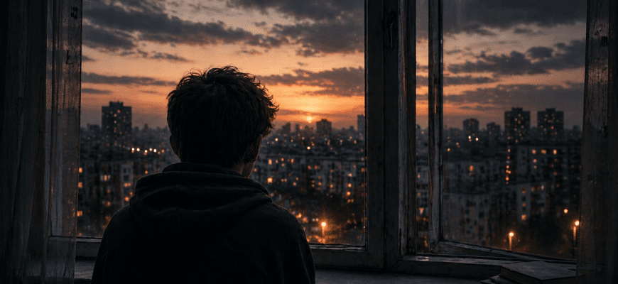 Подросток в тёмной комнате смотрит в окно на вечерний город, силуэт на фоне заката