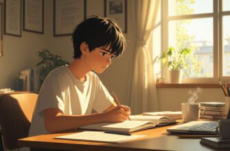 Подросток пишет рассказ за столом в тёплой комнате, аниме стиль