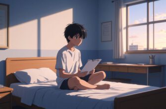 Подросток с папкой документов сидит в тихой комнате детского дома, аниме-стиль