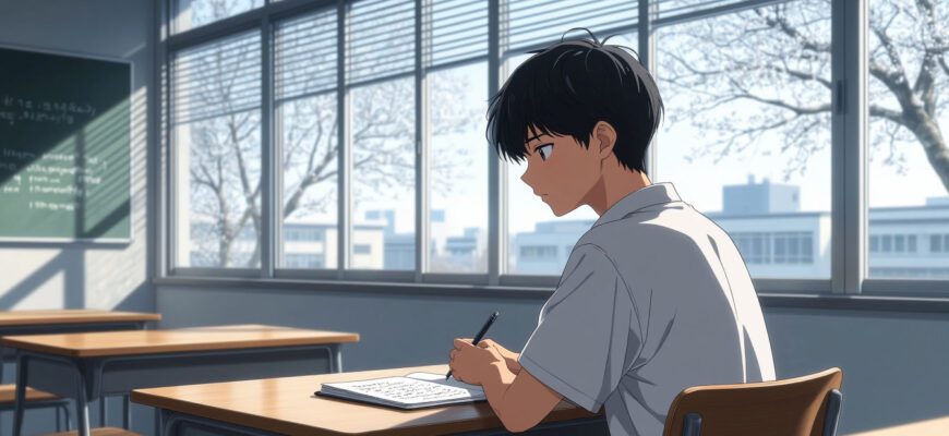 Подросток у окна школьного класса на рассвете, момент размышления о смысле