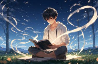 Мальчик сидит в поле с тетрадью, страницы повести разлетаются на ветру