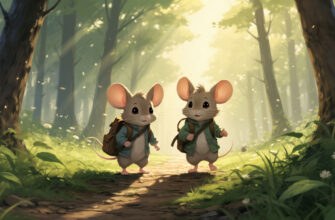 Два мышонка идут через утренний лес перед контрольной в Школяриуме