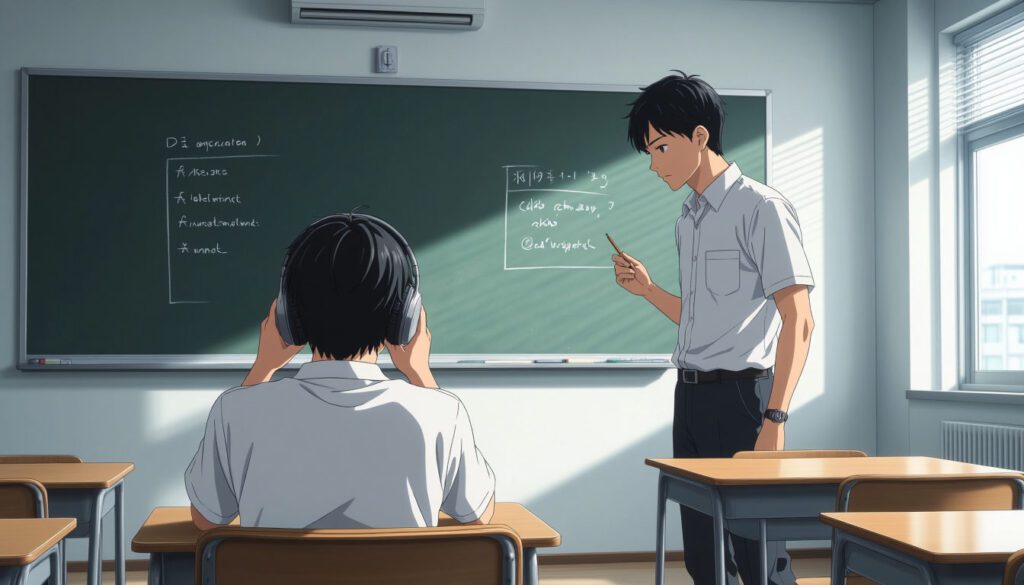 подросток в наушниках игнорирует учителя на уроке