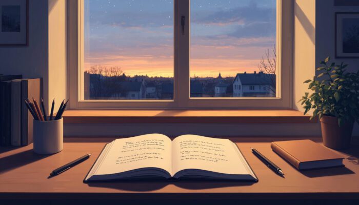 Письменный стол автора у окна в вечернем свете, тетрадь с текстом и книга