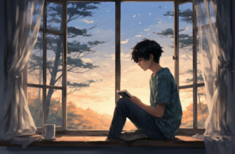 Иллюстрация к интервью с психологом: мальчик с книгой у окна, вечерний лес и мягкий атмосферный свет