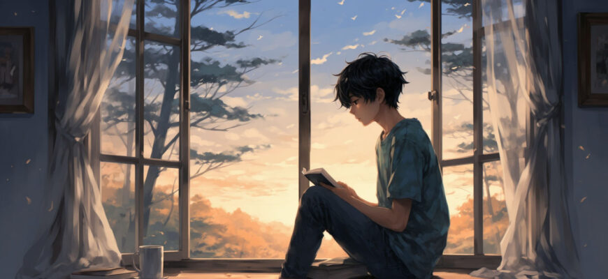 Иллюстрация к интервью с психологом: мальчик с книгой у окна, вечерний лес и мягкий атмосферный свет