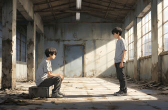 Аниме-иллюстрация встречи Алёши и Артёма в заброшенной пристройке — сцена знакомства персонажа «Ветра в глазах»