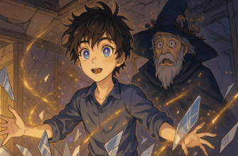Аниме-сцена с мальчиком среди сияющих осколков и золотистой магией в комнате после магического взрыва.