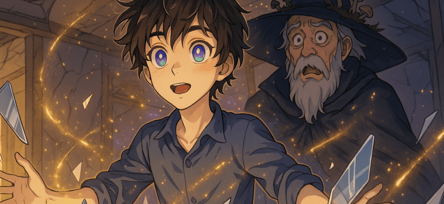 Аниме-сцена с мальчиком среди сияющих осколков и золотистой магией в комнате после магического взрыва.