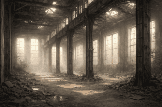 Заброшенное здание изнутри с ржавыми балками и мягким дневным светом