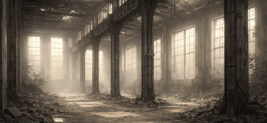 Заброшенное здание изнутри с ржавыми балками и мягким дневным светом