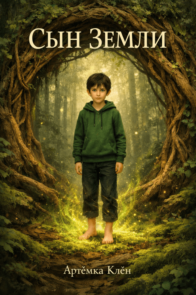 Мальчик стоит босиком в лесу, окружённый светящейся аркой корней, от земли поднимается зелёно-золотое свечение — обложка романа «Сын Земли» Артёмки Клёна