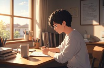 Подросток пишет в тетради за столом в тёплой комнате, аниме стиль