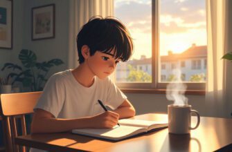 Подросток пишет в тетради ранним утром — момент тишины и размышлений