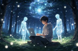 Аниме-иллюстрация о творческом процессе: мальчик-писатель создаёт волшебные миры, которые рождаются вокруг него.