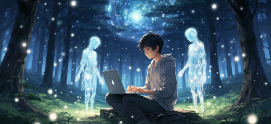 Как рождаются миры 3 Аниме-иллюстрация о творческом процессе: мальчик-писатель создаёт волшебные миры, которые рождаются вокруг него.