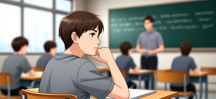 подросток в школьном классе задумчиво смотрит на учителя