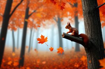 Осенний лес в момент остановки времени с падающим листом и застывшими животными