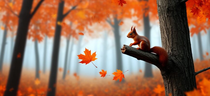 Осенний лес в момент остановки времени с падающим листом и застывшими животными